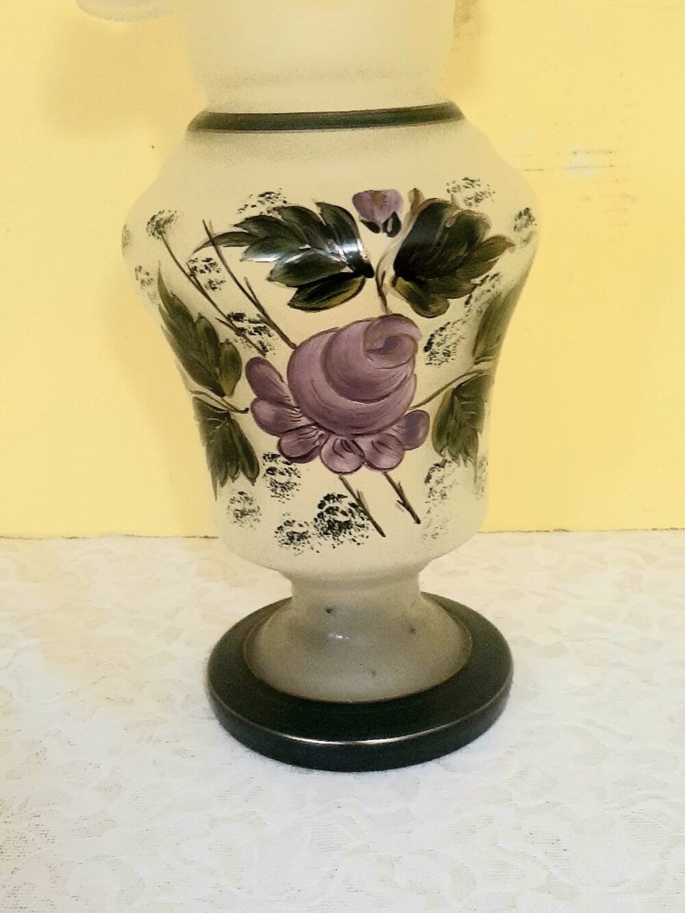 Victorian Style Hand painted satin ruffle top Vase.